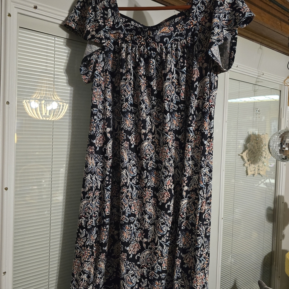 Women's Navy Floral Midi Dress - Casual Off-Shoulder Style